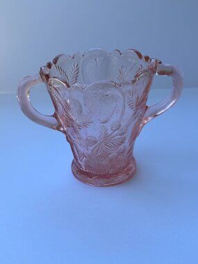 Vintage Fenton Pink Glass Inverted Strawberry Double Handle Vase Spooner